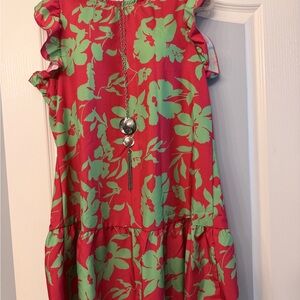Women's Casual Floral Ruffle Sleeve Dress - pink & green
